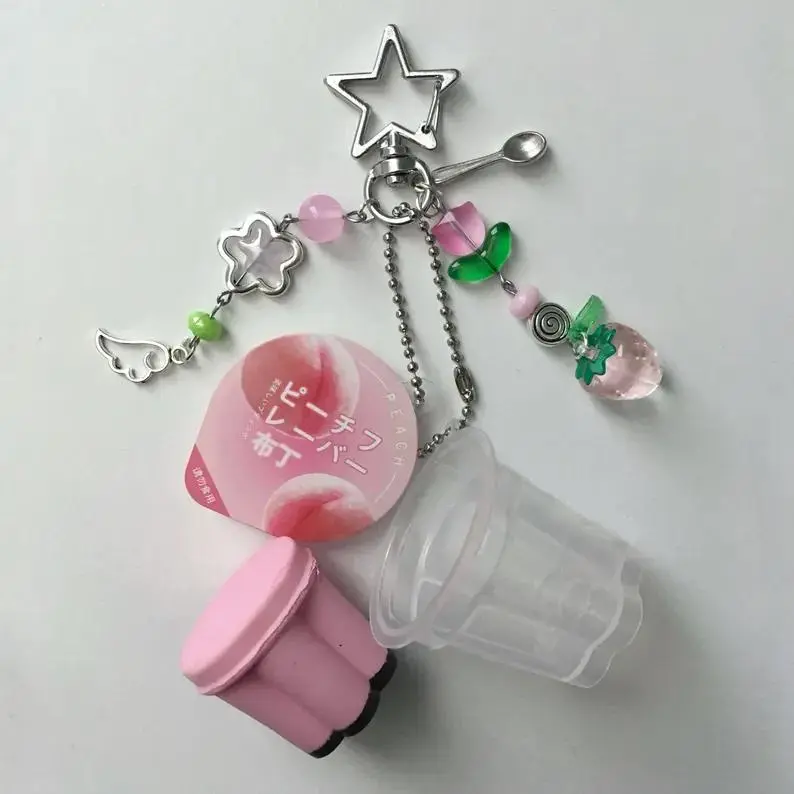 Japanese Pudding Keychain, Pink Yellow Egg Flan Charm, Y2K Heisei Retro Aesthetic Beaded Accessory