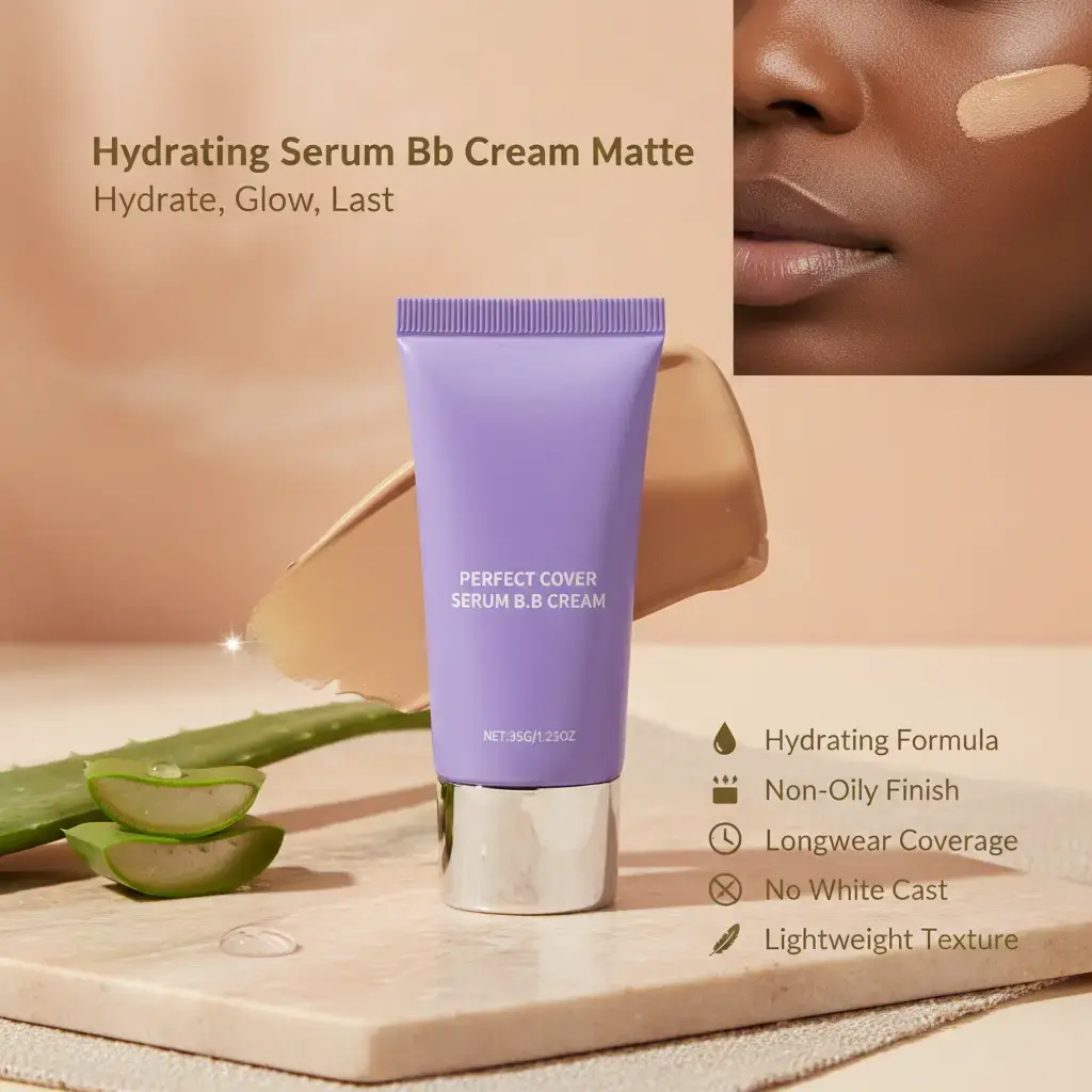 Hydrating Serum BB Cream for Dark Skin Tones with Hyaluronic Acid, Longwear Matte Finish Foundation, Lightweight BB Blur Makeup for a Flawless Base, Cosmetics Products, Topical Cosmetic, Makeup Cream, Daily, Gentle, Lotion, Uneven Skin Tone, 35G, Daily Sk
