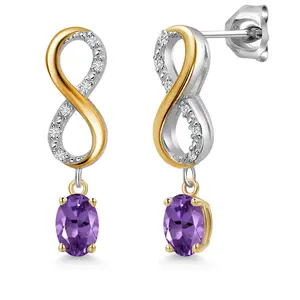 925 Silver and 10K Yellow Gold Purple Amethyst and Lab Grown Diamond Dangle Earrings for Women | 0.96 Cttw | Gemstone February Birthstone | Oval 6X4MM