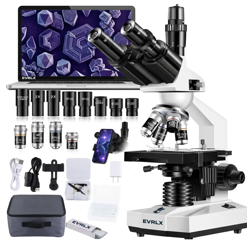 Trinocular Microscope 40X-5000X Laboratory Grade Compound Microscope for Adults, Students, with 1.3MP USB Camera, High-Definition 195 Achromatic Lens, Dual-Layer Stage, and Complete Slide Kit