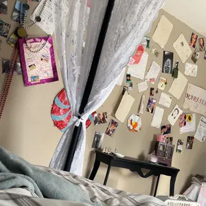 WARM HOME DESIGNS Lace Canopy Bed Curtains Set of 8 Canopies with Tie-Backs in Black, White, Gold and Pink