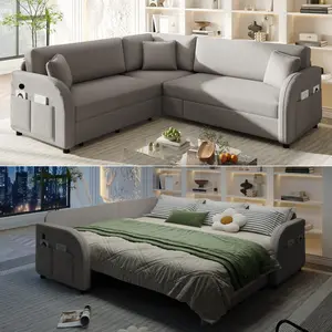 85.1" L-Shaped Sofa Couch with Pull-Out Bed,Oversize Convertible Sleeper Sofa with side Pocket & USB Port,Teddy Upholstered Sectional Couches, for Living Room, Apartment, Office,Light Grey    RR