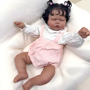 Reborn Baby Doll 19 Inch Afro Newborn Babydolls Lifelike Soft Cloth Body Cuddy Face Rooted Curly Black Hair with Feeding Set Birthday Gift For Kids 3+