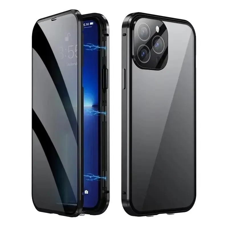 Protective Double Glass Anti-Peep Privacy Metal Magnetic Smartphone Casing, Handheld Accessories with Lens Protection & Snap-Lock Cover for iPhone 16,16E,15,14,13,12,11 Pro Max Plus (Includes Screen Protector for Device Safety)