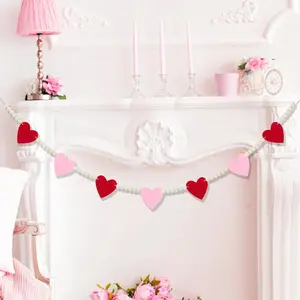 Valentines Day Mantel Decor - Red Pink Felt Heart Wooden Beads Garland Valentines Banner for Fireplace Mantel Walls Decorations