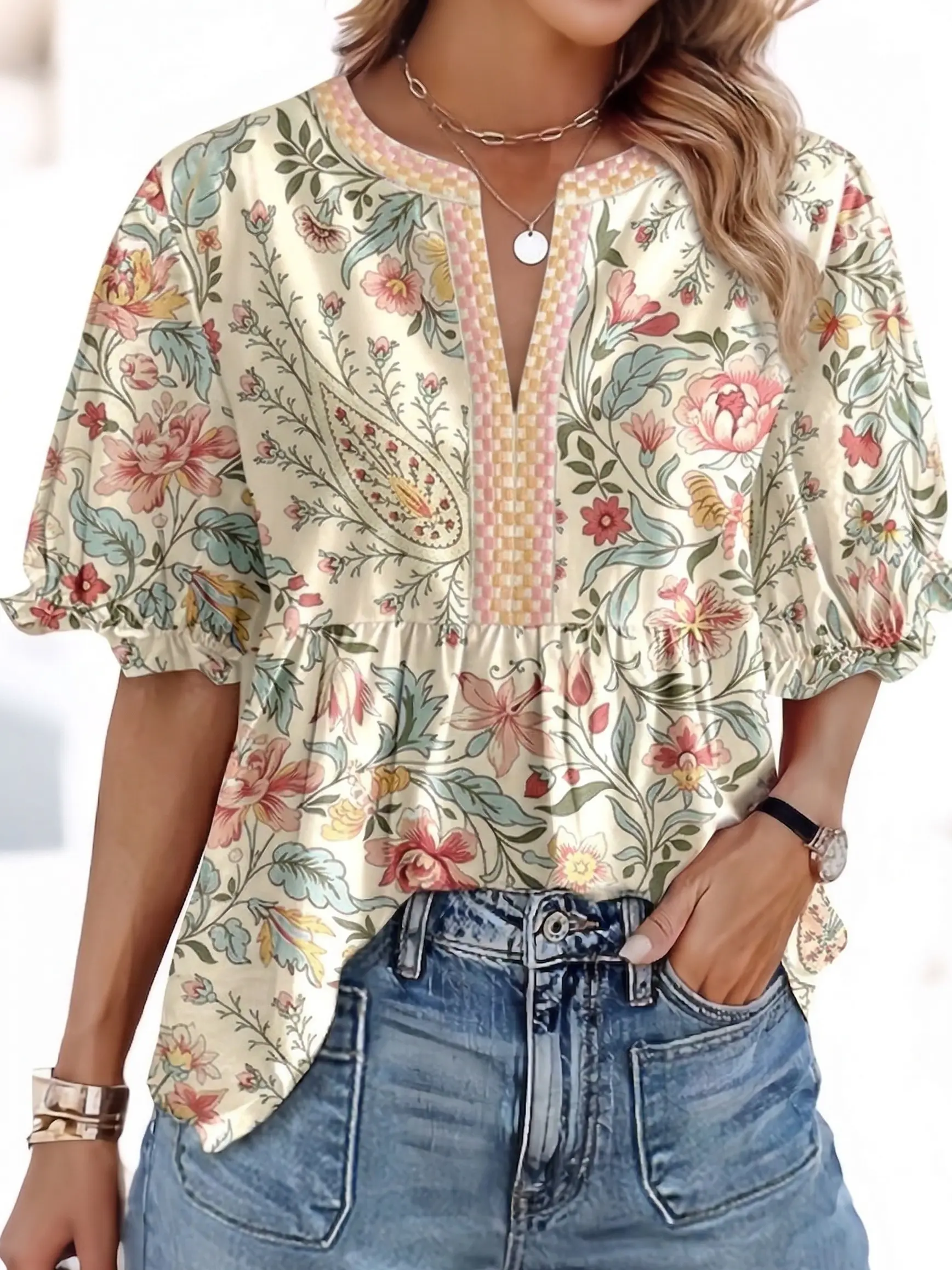 Chic Petal Paisley Floral Babydoll Top - Boho Puff Sleeve Notched Neck Blouse with Pastel Checkered Trim & Empire Waist for Womenswear - Shirts Feminine