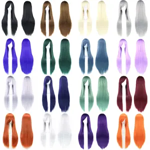 80cm Long Synthetic Hair White Purple Cosplay Wigs Party Black Hair Straight Wig