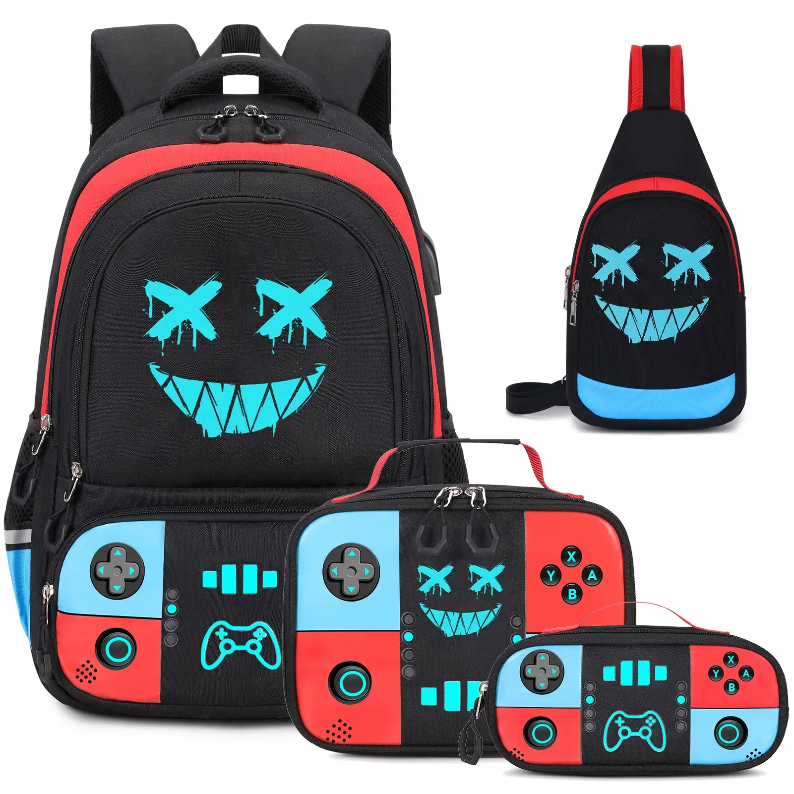 SIMILOVE Game Theme Gamer Backpack Set - Cool Glow-in-Dark Waterproof Nylon Elementary School Book Bag with USB Port, Kids' Lunch Box, Pencil Case, Geek Bag (Back to School, Boys' Gift Option)