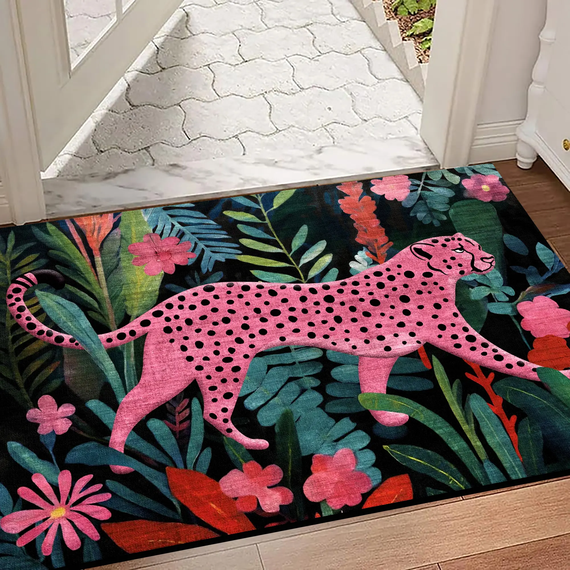 European Luxury Colorblock Jungle Leopard Print Rug, Foldable Washable Non-Slip Plush Carpet, Living Room Bedroom Entrance Mat, Animal Print Rug, Animal Printed Rug
