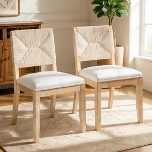 French Country Dining Chairs Set of 2 Beige Farmhouse Kitchen Dining Room Chairs Boho Wood Dining Chair with Woven Rope Back Linen Upholstered Seat Solid Wood Frame Sponge Cushion for Family Dinner Guest, Beige Color Options, Linen Material