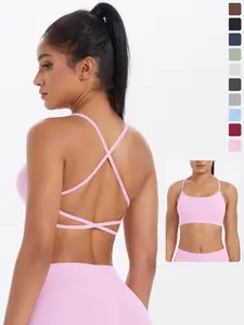Women's Solid Criss Cross Back Sports Bra, Casual Comfortable Breathable Racer Back Crop Sports Top for Yoga Gym Workout, Yoga Wear Fitness, Ladies Sportswear for Indoor Outdoor Wear, Gymclothes, Yoga Gym Activewear