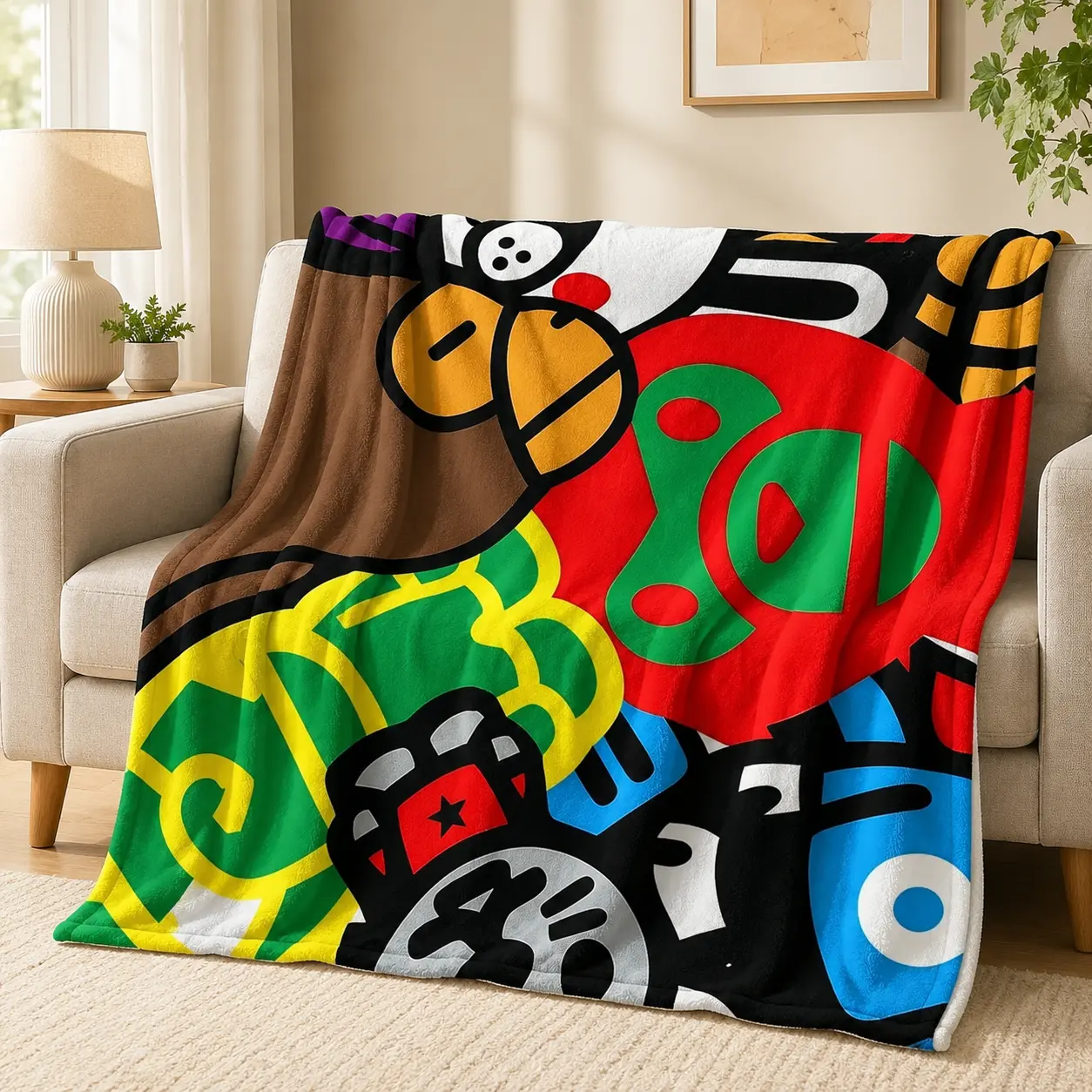 Colorful Abstract Graphic Flannel Throw Blanket - Soft, Lightweight, 1-Sided Printed with White Reverse, Cozy Bold Art Blanket for Adults Home Decor Gift