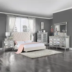 Acme BD00957Q-4PC 4-Piece Modern Faiz Beige Velvet Fabric Sunburst Tufted Channel Design Mirrored Silver Finish Wood Queen Bedroom Set, Nightstand Sets, Furniture for Bedroom