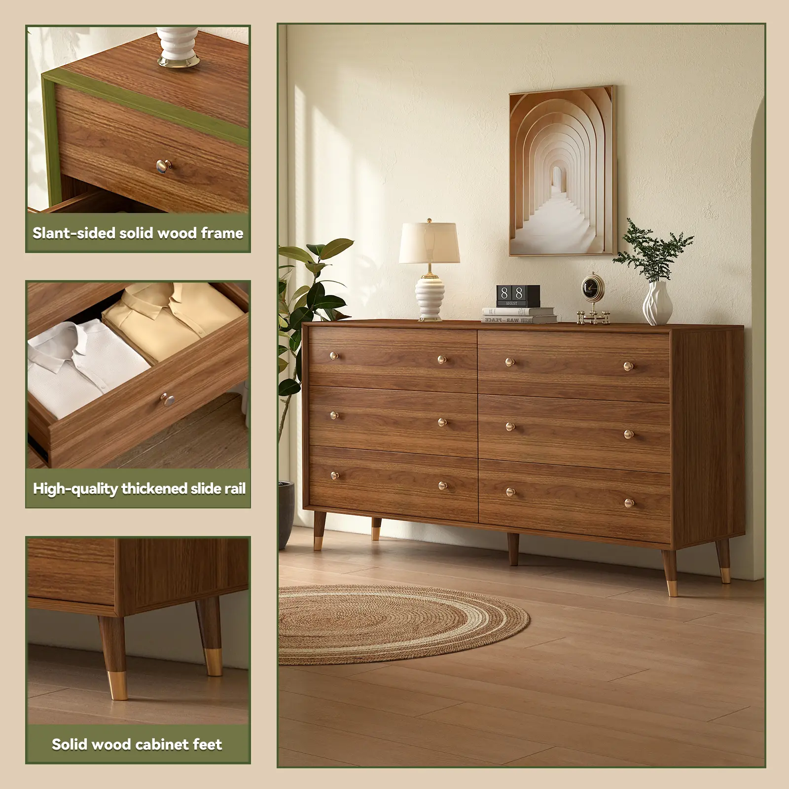 Messenya Mid Century Modern 6-Drawer Dresser, 55 Inch Wide Solid Wood Frame Chest, Walnut Finish, Beveled Design, Heavy-Duty Drawer Glides, Storage Cabinet for Bedroom, Living Room, TV Stand - TikTok Shop Messenya Mid Century Modern 6-Drawer Dresser, 55 Inch Wide Solid Wood Frame Chest, Walnut Finish, Beveled Design, Heavy-Duty Drawer Glides, Storage Cabinet for Bedroom, Living Room, TV Stand - TikTok Shop