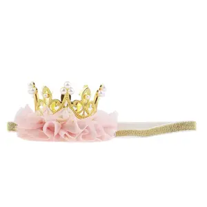 P-HDW09   Princess Toddler Girls Crown Tiaras Baby Elastic Birthday Party Crown Headband Photo Props Gift (Pear&Gold)