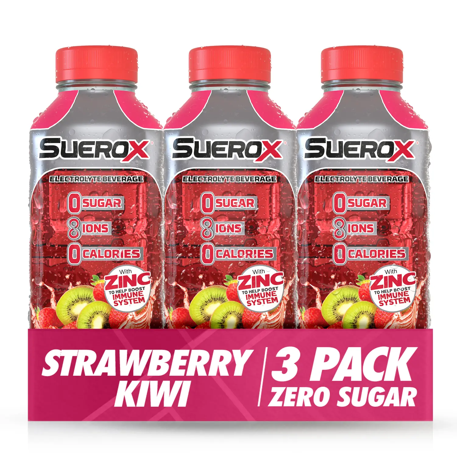 SueroX 0-Sugar Electrolyte Beverage - Hydration + Immunity Wellness Blends, Strawberry Kiwi Flavor, 21.3 Fl Oz, 3 Pack