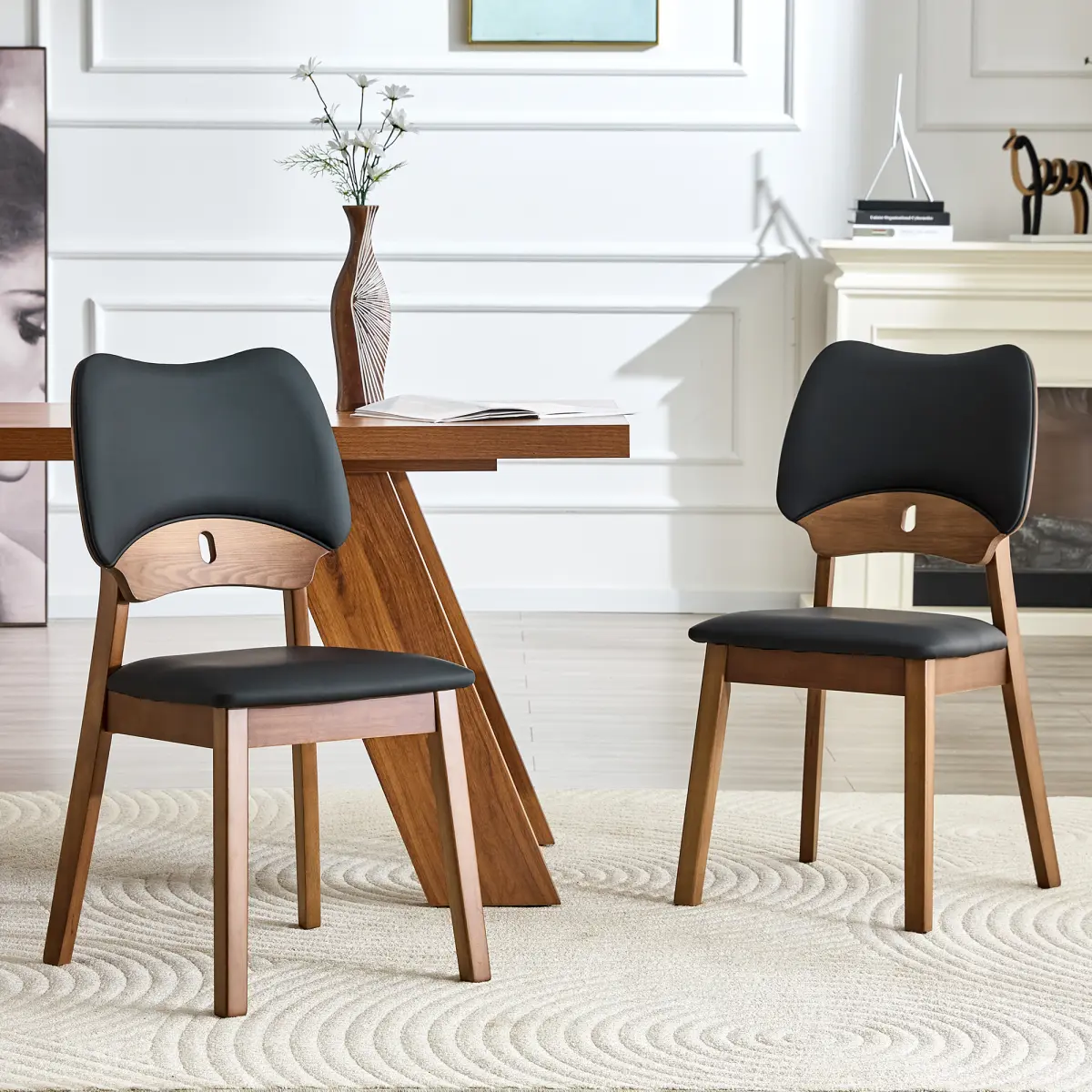 2-Piece Dining Chairs, Walnut Wood Frame with Black PU Upholstery, Ergonomic Hollow Curved Backrest, 34.4 Inch Height, Anti-Slip Foot Pads, Scratch-Resistant Finish, Solid Wood Legs for Dining Room Study