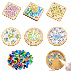6 Sets DIY Mosaic Coaster Making Kit | Mixed Color Glass Mosaic Tiles with Wooden Base | Handmade Craft Supplies for Adults Home Decor & Gift