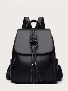 Lightweight, Anti-Theft Tassel Decor Flap Backpack New-Design Women's Backpack, Large Capacity School Bag, Quality PU Leather Ladies Travel Backpack - Black PU Backpack with Woven Flap Closure, Tassel Charm,  Practical and Stylish for School/Travel