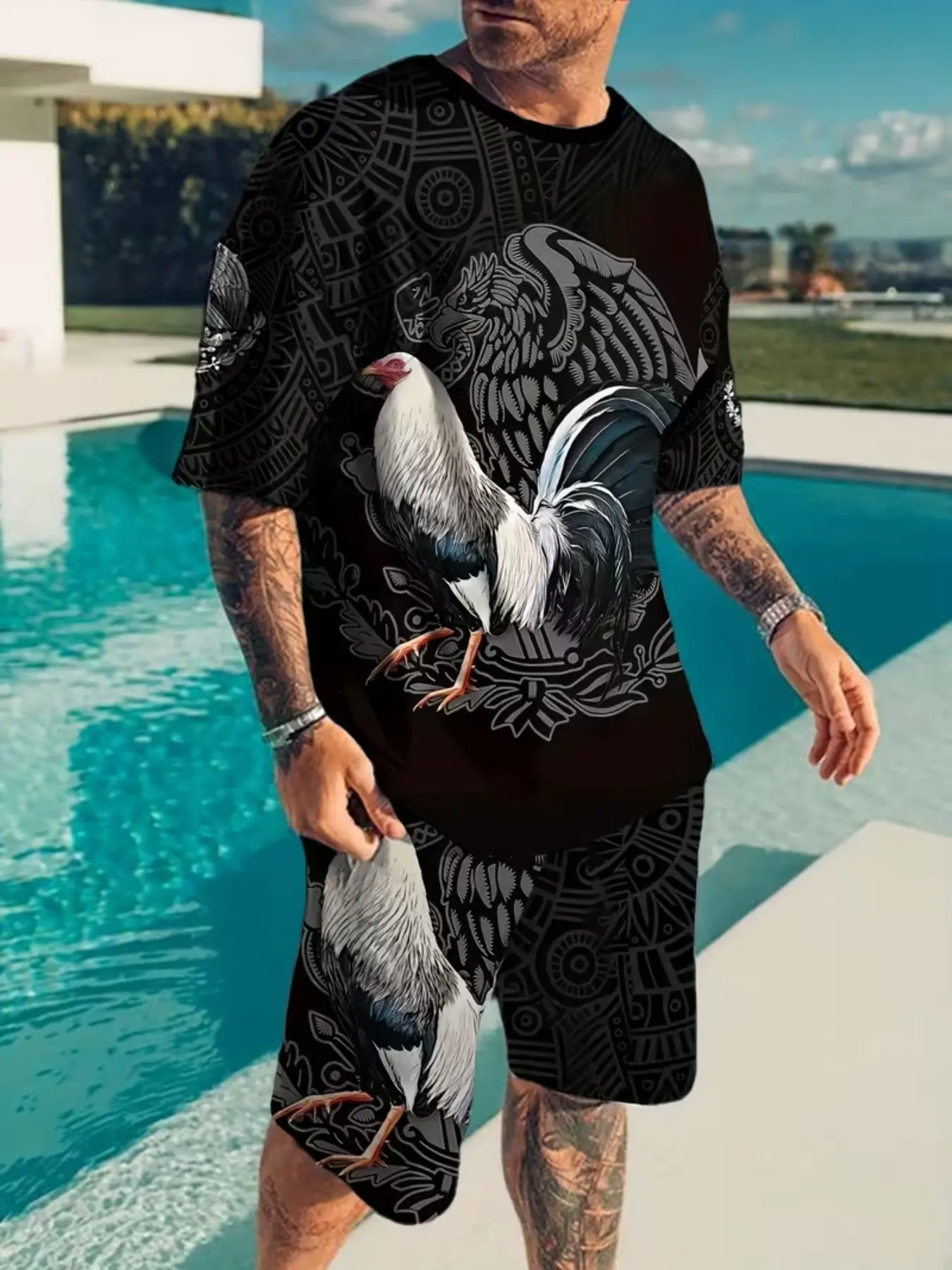Men's Fashion Mexican Rooster 3D Print Casual Sports Set, Round Neck Cropped Tee & Short Pants, Breathable Polyester Fiber, Summer