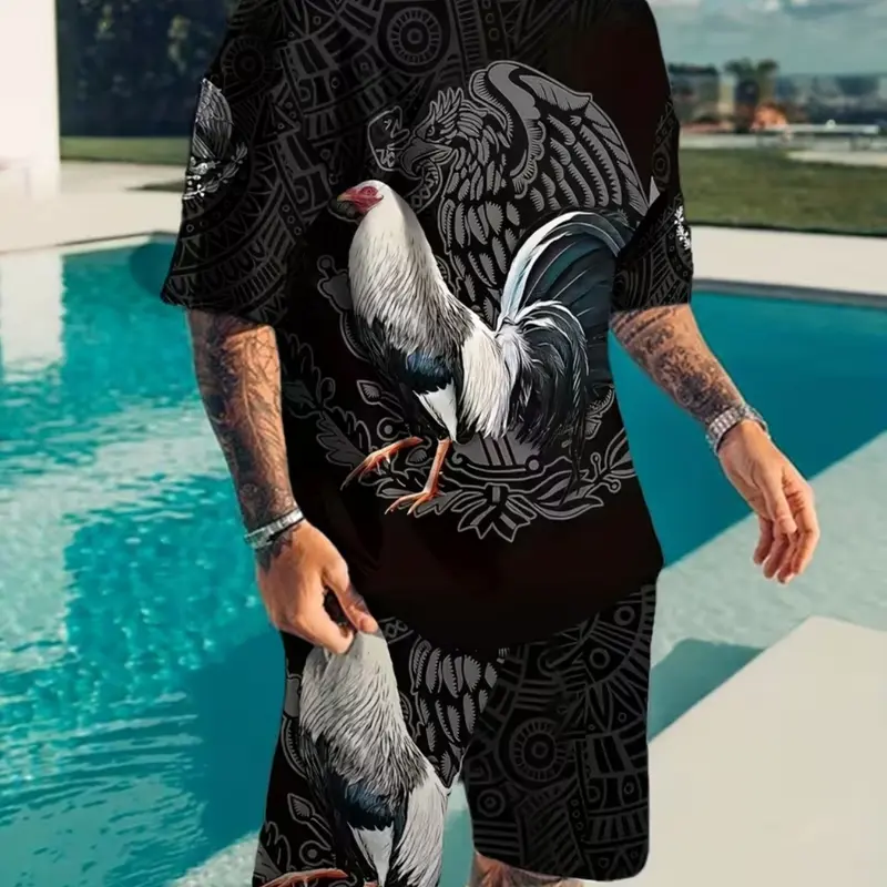 Men's Fashion Mexican Rooster 3D Print Casual Sports Set, Sporty Casual Set, Round Neck Cropped Tee & Short Pants, Breathable Polyester Fiber, Summer, Outdoor, Sporty Casual Wear