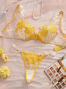 Lace Sheer Bra Set with Floral Eyelet Embroidery, Sexy Party Clubwear for Women, Romantic Lingerie for Intimate Occasions, Perfect Valentine's Gift, Underwear