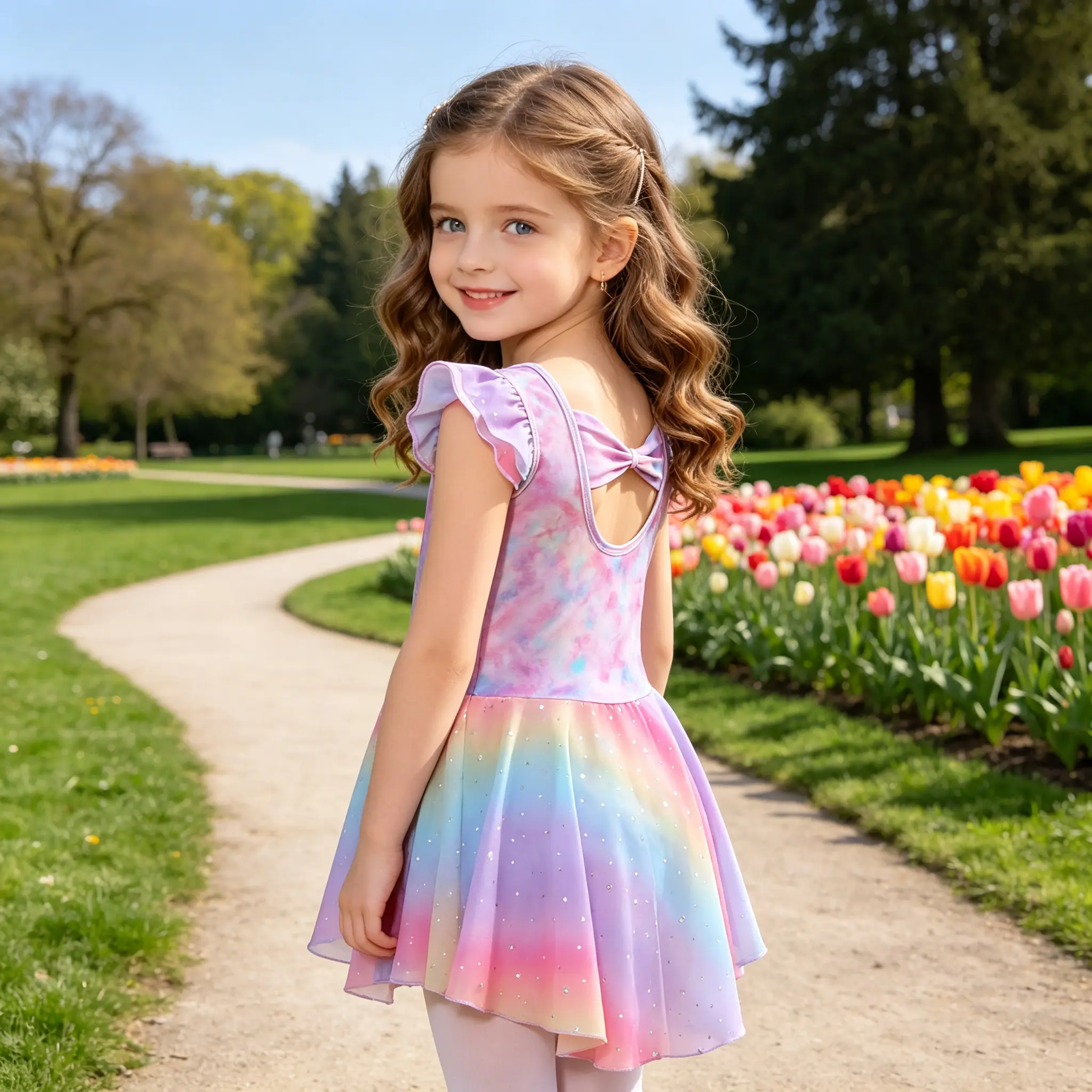 Girls Rainbow Gradient Ballet Leotard Dress Flutter Sleeve Back Bow Chiffon Skirt Kids Dance Outfit for Class Recital Stage Performance