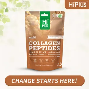 HiPlus Multi Collagen Peptides Powder Premium Hydrolyzed Formula (Types l, ll, lll, V, X) with Hyaluronic Acid, Biotin & Vitamin C, Unflavored-Enhanced Support for Radiant Skin, Strong Hair, Nails & Joint Health -1 Month Supply