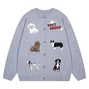 Bakyarder Kawaii Dog Graphic Cardigan Cute Dog Print Sweater Unisex Oversized Cardigan Y2k Button Up V Neck Open Front