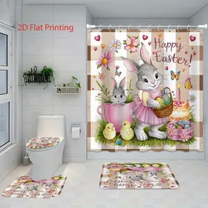 1/4-piece Spring Easter-themed shower curtain set includes a shower curtain, toilet seat cover, rectangular mat, and U-shaped mat. Perfect for bathroom décor and enhancing the space, it also comes with 12 shower curtain hooks.