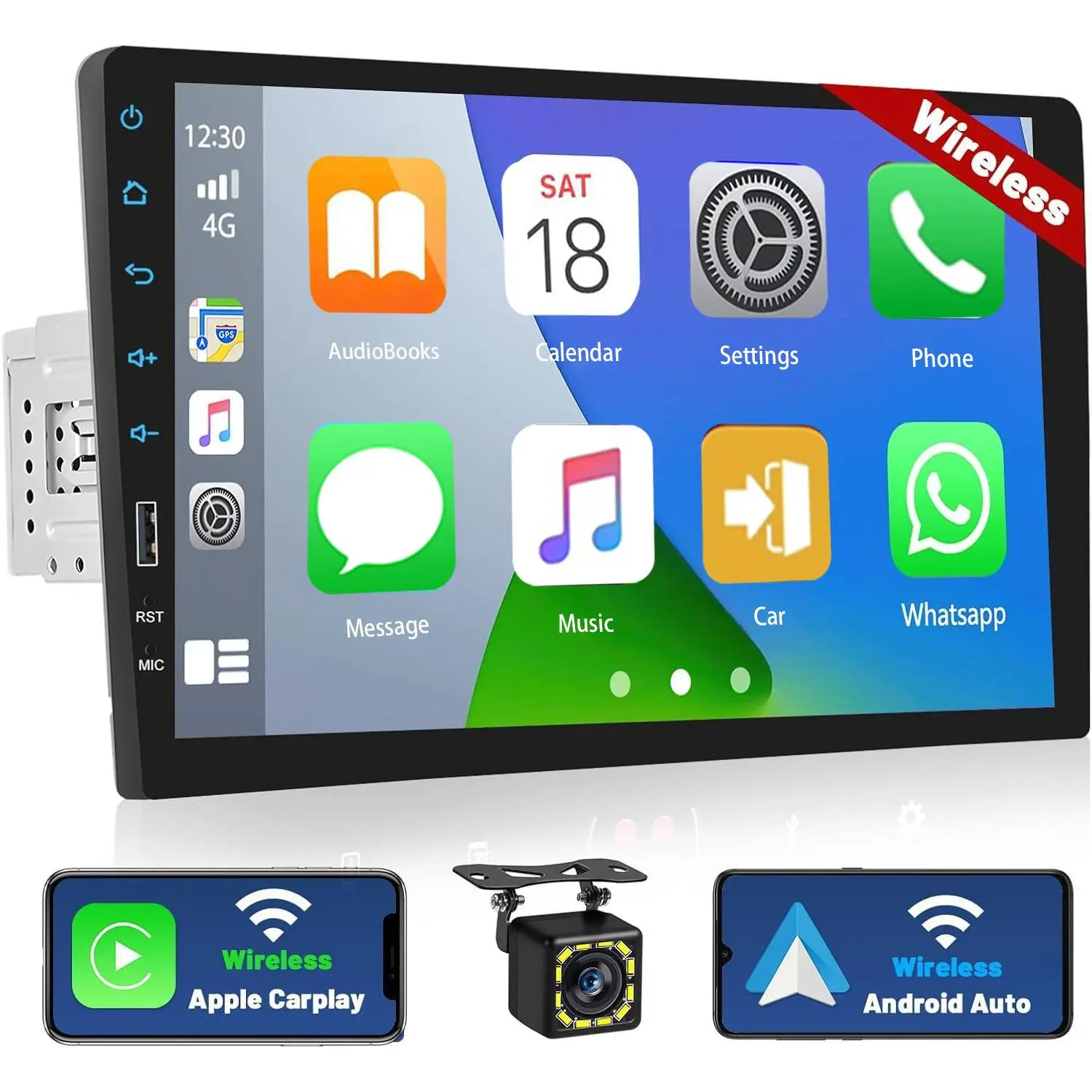 9 Inch Single Din Wireless Carplay Radio with Bluetooth, Touchscreen Wireless Android Auto Car Stereo with Mirror Link FM RDS Radio + Camera + Microph