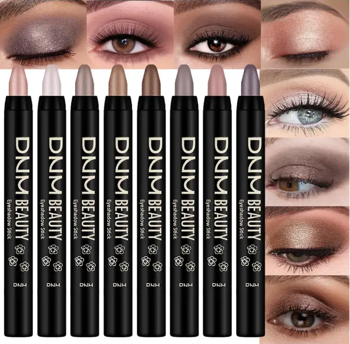 8Pcs Cream Eye Shadow Brightener Stick Makeup Set, Champagne Pearl Taupe Bronze Cocoa Stone Putty Smoky Amethyst Shimmer Matte Eyeshadow Eyeliner Pencil Applicator Stick Palette Makeup for Older Women