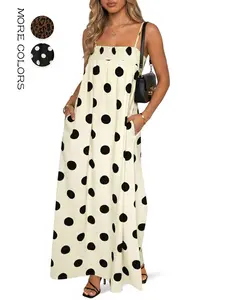 Aswulk Womens Summer Polka Dot Maxi Dress Casual Spaghetti Strap Smocked Loose Vacation Beach Dresses with Pockets