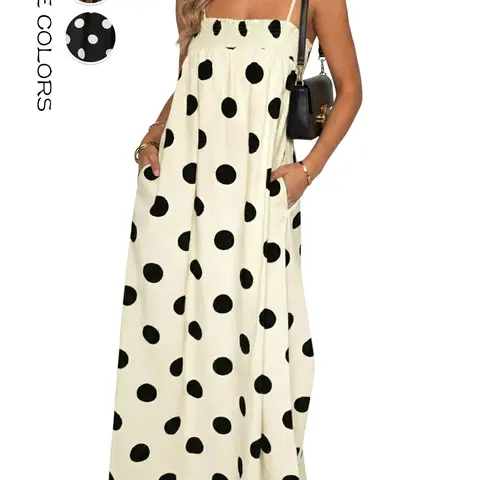 Aswulk Womens Summer Polka Dot Maxi Dress Casual Spaghetti Strap Smocked Loose Vacation Beach Dresses with Pockets