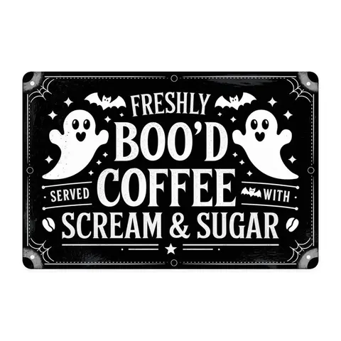 Vintage Halloween Rust-Free Metal Rectangular Aluminium Tin Sign, 8x12in(20x30cm) HD Ghost & Bat Art Wall Plaque, Wall Mount, Easy-Install, Long-Lasting Halloween Decorations, Creepy Style Home Signs for Coffee Enthusiasts Gifts