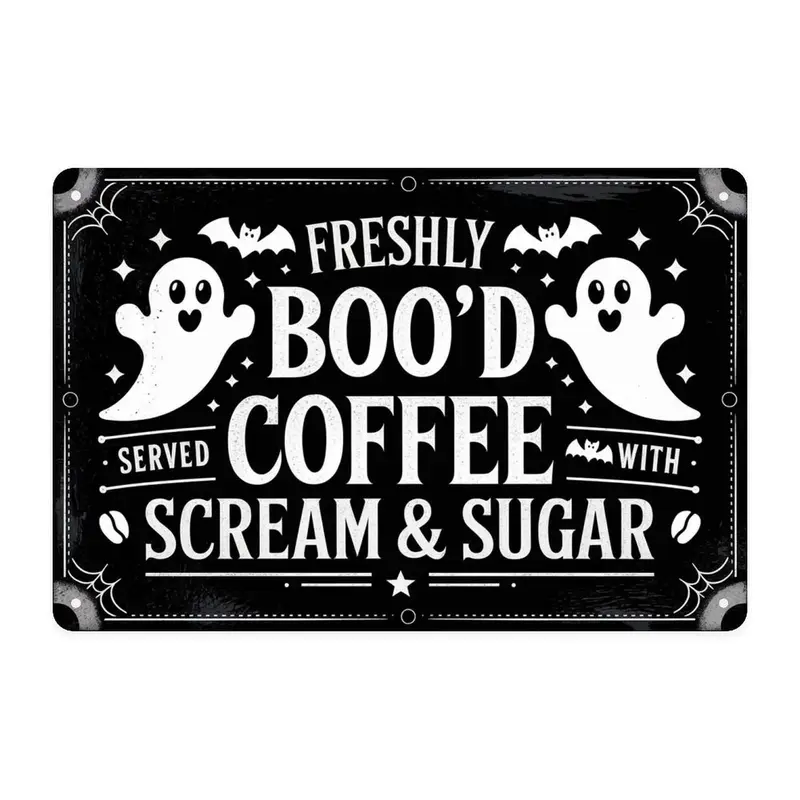 Vintage Halloween Rust-Free Metal Rectangular Aluminium Tin Sign, 8x12in(20x30cm) HD Ghost & Bat Art Wall Plaque, Wall Mount, Easy-Install, Long-Lasting Halloween Decorations, Creepy Style Home Signs for Coffee Enthusiasts Gifts