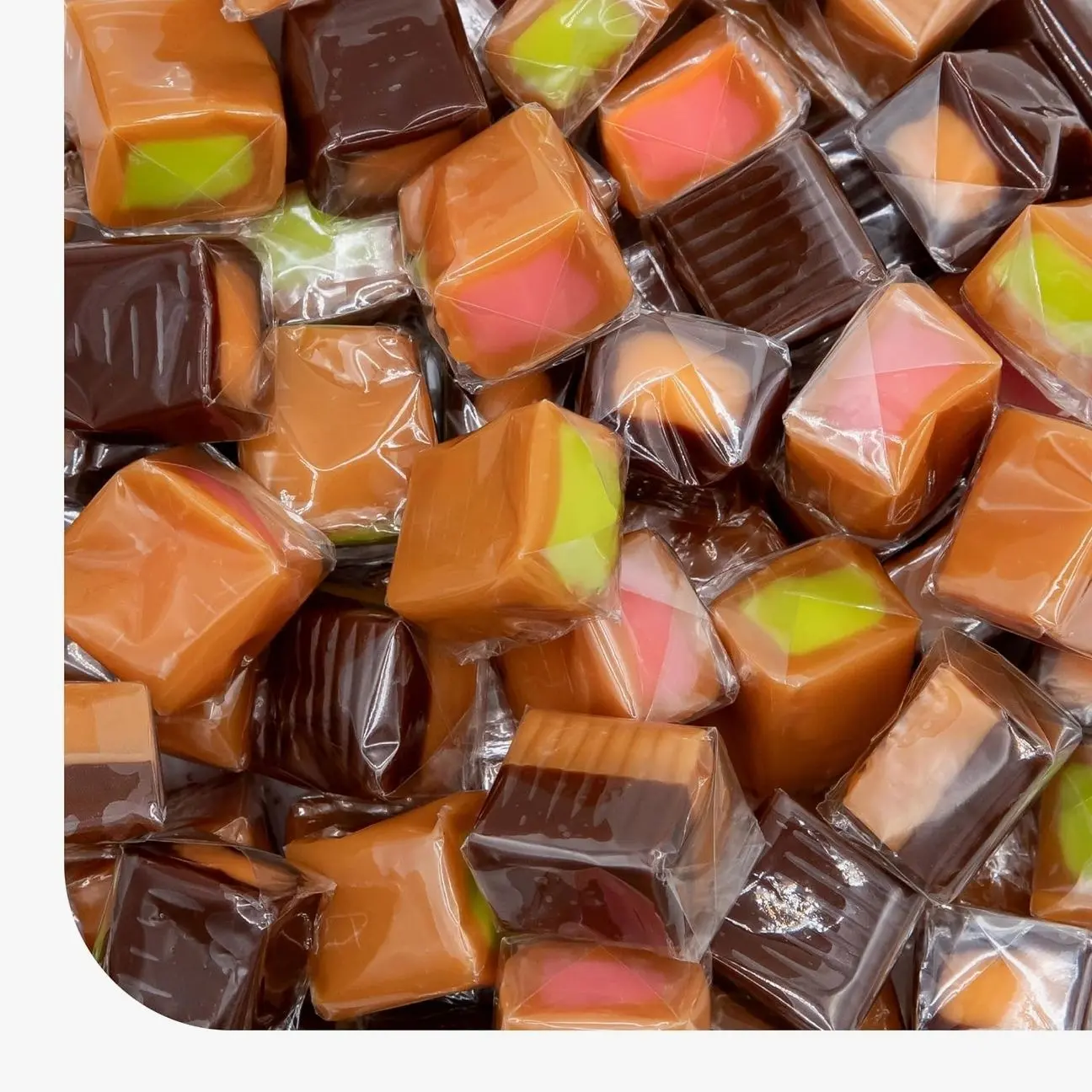 Caramel Candy Mix, Filled Caramels Individually Wrapped - 2 Lb Pack Vanilla, Chocolate, Apple, Strawberry, Caramel Cubes, Chewy Candy