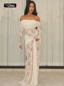 Women Spring Autumn Long Sleeve Slash Neck Lace See Through Bodycon Party Club Evening Formal Wear Long Dress