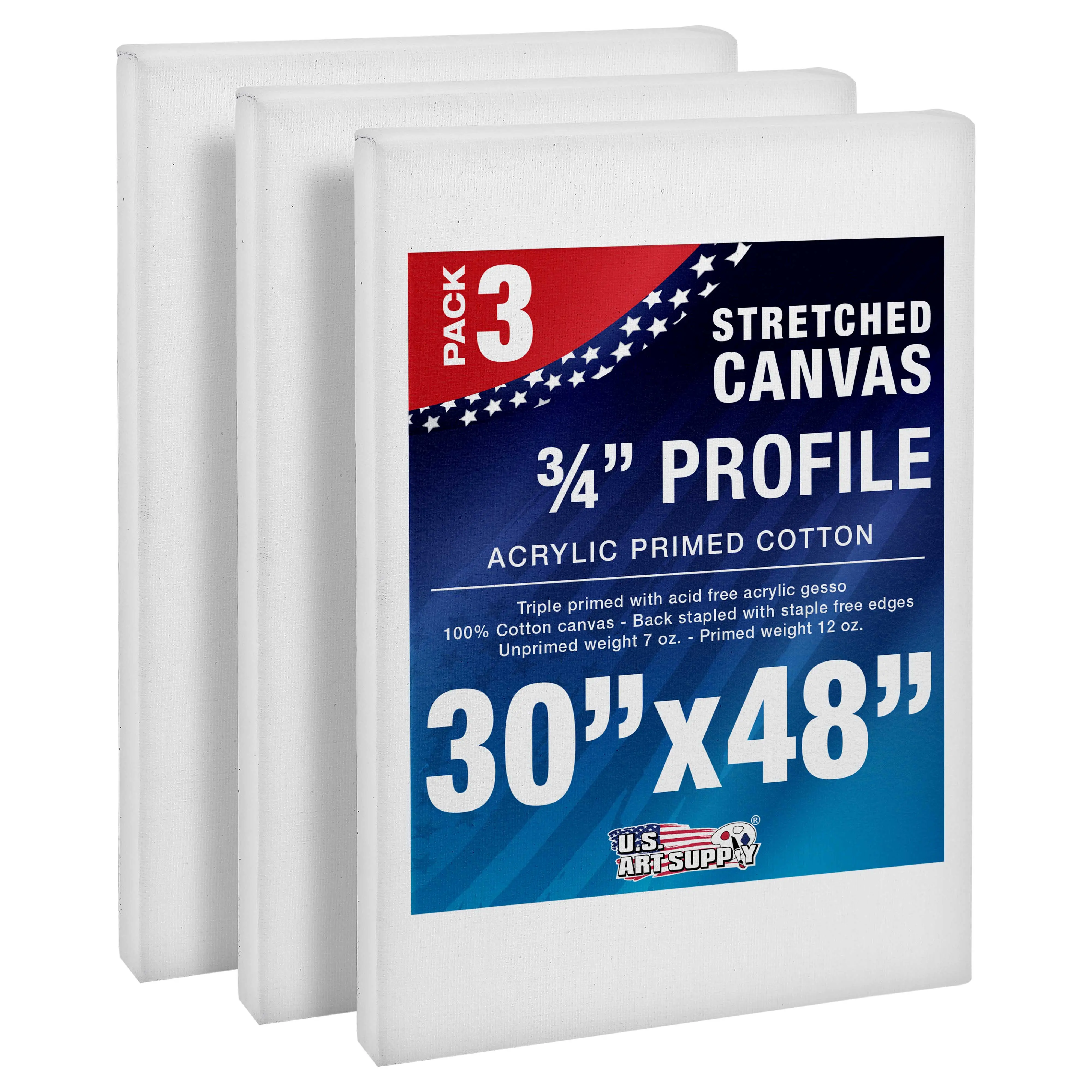 30 x 48 inch Stretched Canvas 12-Ounce Triple Primed, 3-Pack - Professional Artist Quality White Blank 3/4" Profile, 100% Cotton, Heavy-Weight Gesso