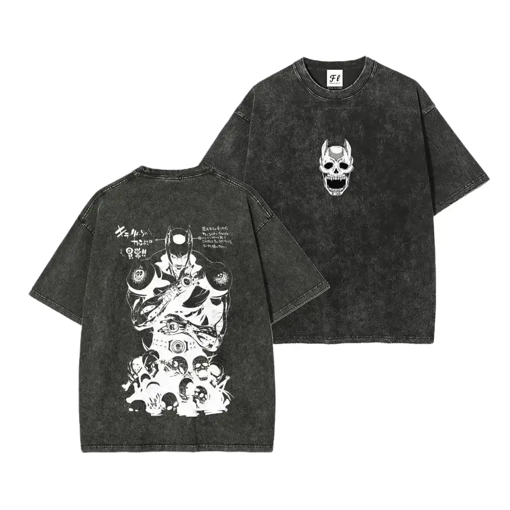 Vintage Oversized Anime Graphic Tee JoJo Killer Queen Stand Front Back Print Cotton Shirt Unisex Streetwear For Men Women Yoshikage Kira JJBA Merch Japanese Manga Clothing Y2K Aesthetic Casual Summer Top Otaku Gift Boy Trendy Retro Wash T-Shirt Beige