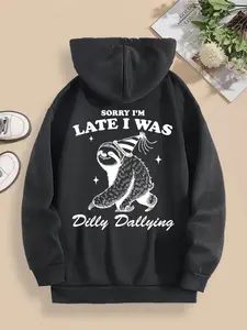 Women's Cartoon Sloth Print Drawstring Pocket Hoodie, Casual Drop Shoulder Long Sleeve Hooded Sweatshirt, Lady Fall & Winter Clothes for Daily Wear