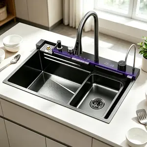 30 Inch Workstation Kitchen Sink with Digital Temperature Display, Water Powered Pull Down Faucet 3 Spray Modes, Stainless Steel Sink Complete Kit with Cutting Board, Colander, Soap Dispenser, Compatible with Garbage Disposal