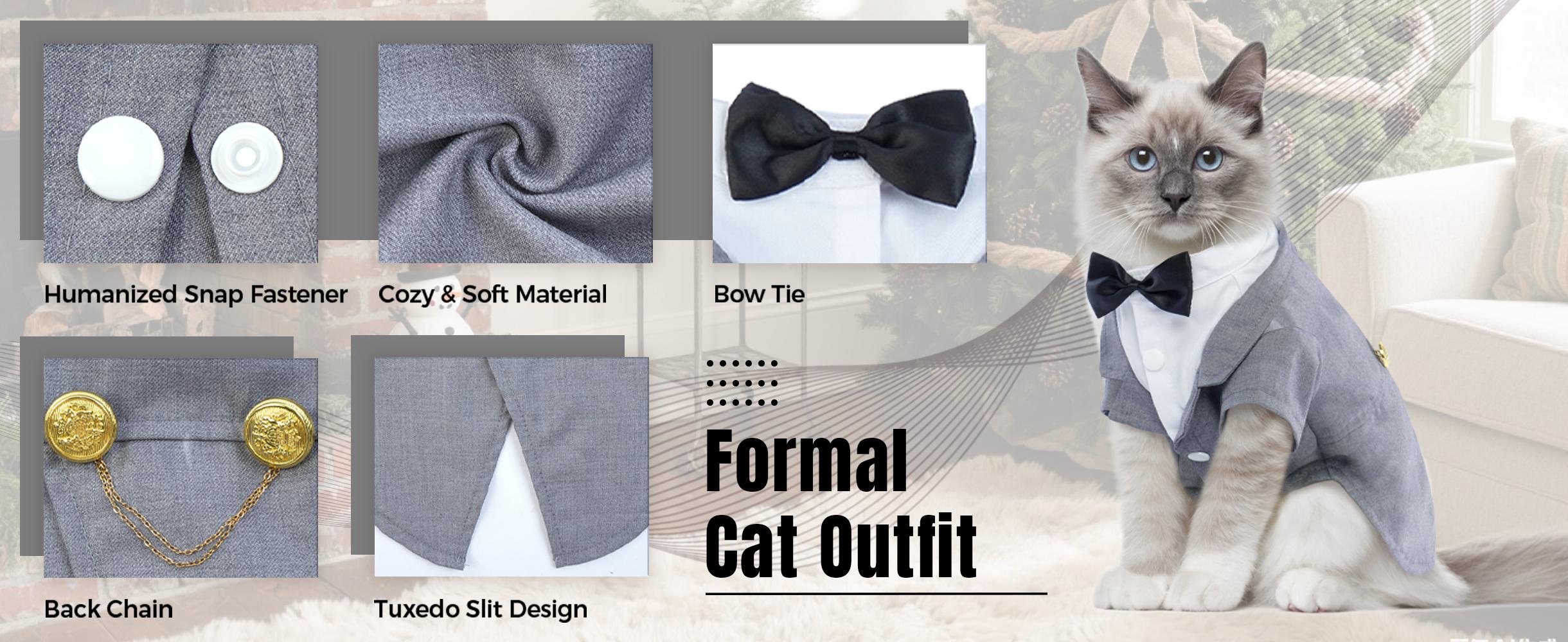 Cat Tuxedo Formal Suit - Sphynx & Kitten Apparel with Bow Tie, Stylish Shirt Onesie for Wedding Events (Cats Only)