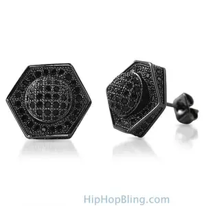 3D Domed Hexagon Black CZ Hip Hop Earrings