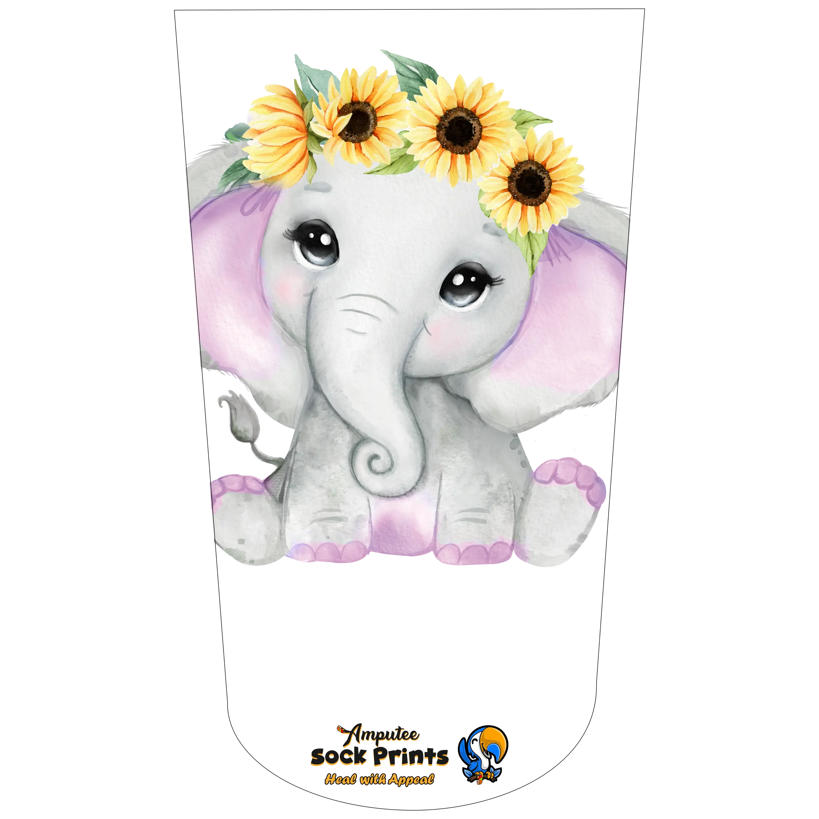 Amputee Sock "Sunflower Girl Elephant V1", Prosthetic Limb Sock, 3ply Stump Sock