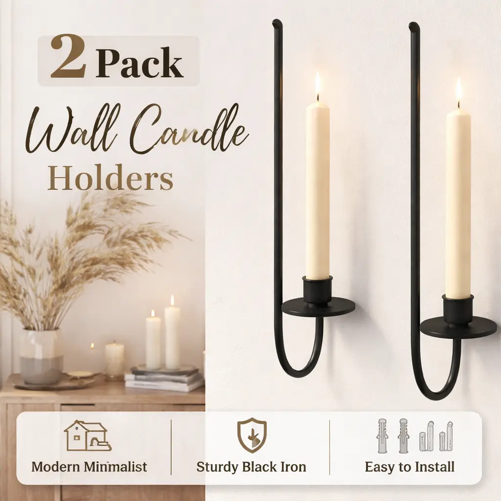 2Pcs Modern Black Iron Metal Wall Candle Sconces - Kitchen Hanging Candle Holders, Suitable for Living Room Fireplace, Wedding Decor