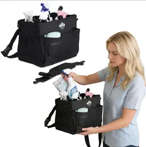 A black wearable cleaning bag equipped with a carrying handle shoulder strap and waist belt designed specifically for storing cleaning supplies