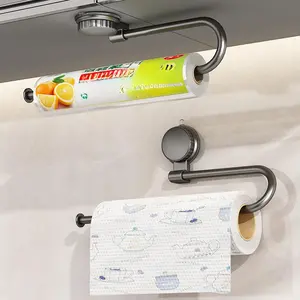 Suction Cup Kitchen Paper Towel Holder No Drill Wall Mounted Cabinet Roll Paper Rack Multifunctional Organizer for Plastic Wrap, Dish Cloth, Towel and Hanger
