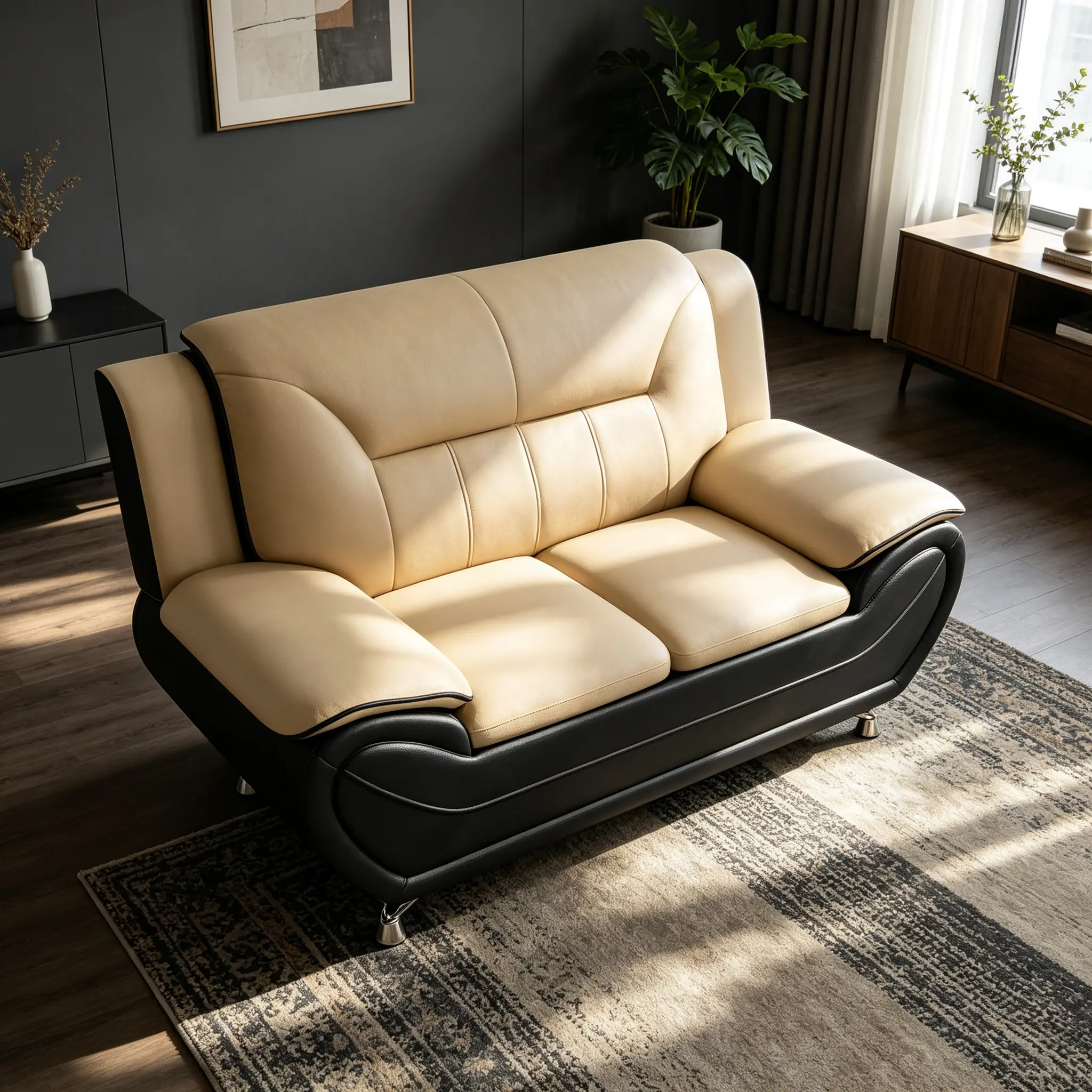 Modern Bonded Faux Leather Sofa with Stainless Steel Legs. Cushioned Armrest Couch,Minimalist Upholstered Living Room Furniture, Sturdy Frame,Easy-Clean Surface