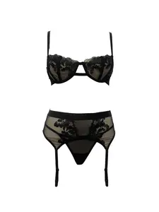 Free Tonight Women's 3-Piece Floral Embroidered Lingerie Set with Underwire Bra & Garter Belt​